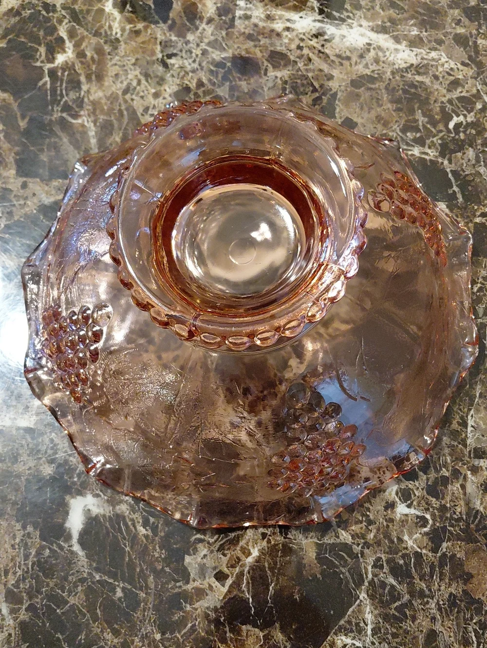 Vintage Blush Pink Heavy Depression Glass Grapes & Leaves Pattern Serving Bowl